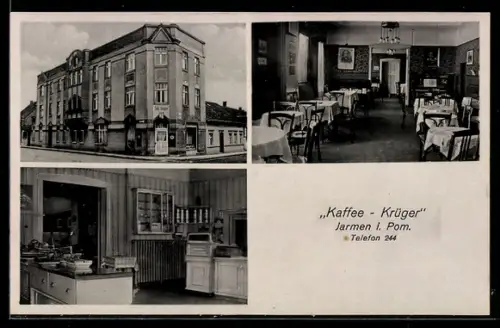 AK Jarmen i. Pom., Gasthof Kaffee Krüger, Aussen- und Innenansicht
