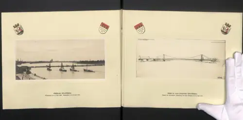 Fotografie unbekannter Fotograf, Ansicht Köln a. Rh., Bau der neuen Hängebrücke & alte Schiffbrücke, 32 x 24cm