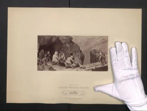 Fotografie Franz Hanfstaengl, München, Gemälde: Weihnachtsgabe, nach Defregger, Zwerge mit erlegtem Reh, 46 x 32cm