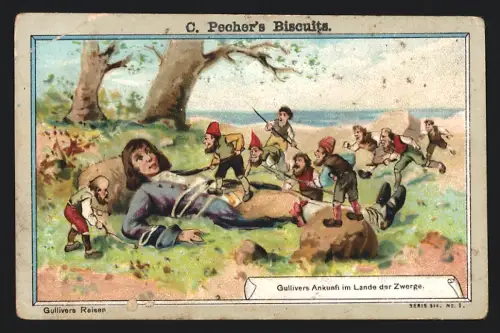 Sammelbild Detmold, C. Pecher, Biscuits, Gullvers Reisen, Ankunft im Land der Zwerge