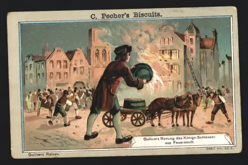 Sammelbild Detmold, C. Pecher, Biscuits, Gullvers Reisen, Rettung des Schlosses vor dem Feuer