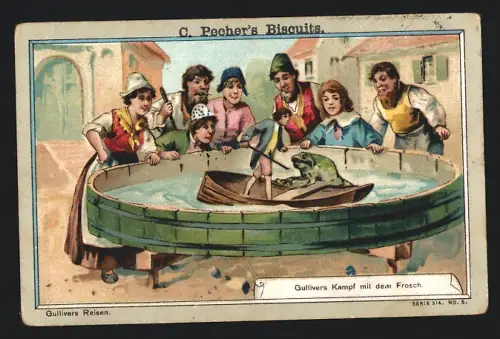 Sammelbild Detmold, C. Pecher, Biscuits, Gullvers Reisen, Kampf mit dem Frosch