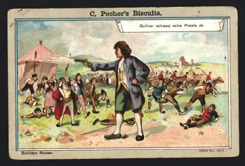 Sammelbild Detmold, C. Pecher, Biscuits, Gullvers Reisen, Gulliver schiesst seine Pistole ab