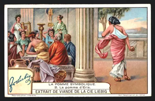 Sammelbild Liebig, Remplacer la viande coûteuse, La pomme symbolique, La pomme d`Eris