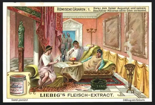 6 Sammelbilder Liebig, Serie Nr. 897: Römische Cäsaren, Nerva beim Rauchopfer, Caracalla besicht Volksbäder, Trajanus