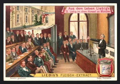6 Sammelbilder Liebig, Serie Nr. 737: Aus dem Leben Liebig`s, Laboratorium zu Giessen, Ansicht von Fray-Bentos, Portrait