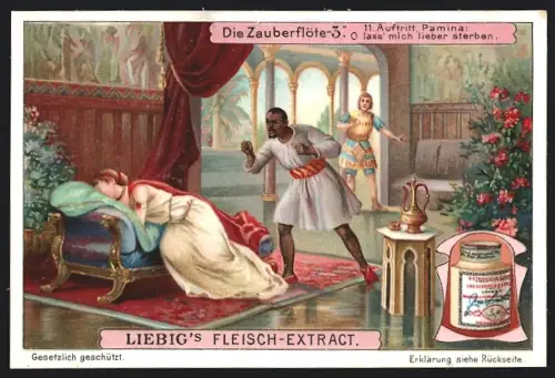 6 Sammelbilder Liebig, Serie Nr. 960: Die Zauberflöte, Tamino und Pamina, Papageno, Sarastro