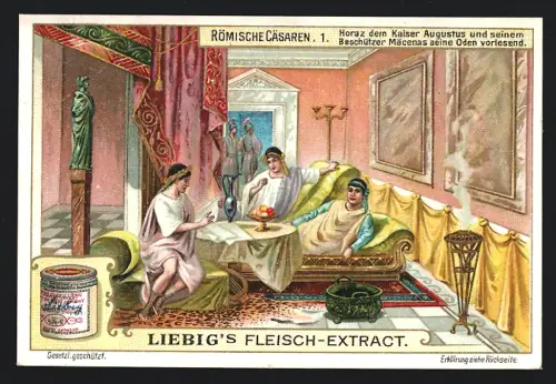 6 Sammelbilder Liebig, Serie Nr. 897: Römische Cäsaren, Kaiser Hadrianus, Caracalla in den Volksbädern, Triumphzug Titus