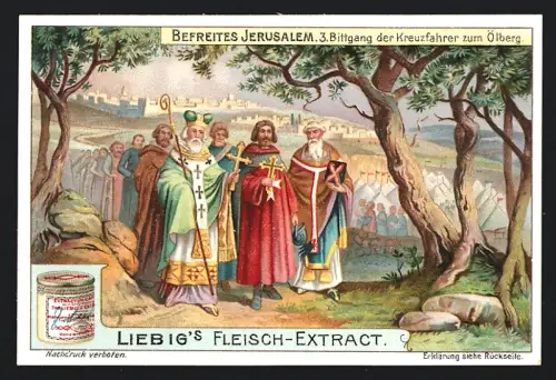 6 Sammelbilder Liebig, Serie Nr. 997: Befreites Jerusalem, Sturm, Dankgottesdienst der Kreuzfahrer, Tancred