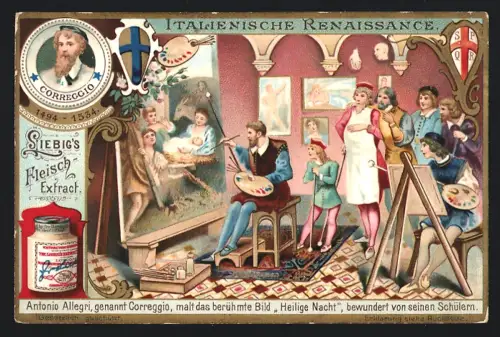6 Sammelbilder Liebig, Serie Nr. 794: Italienische Renaissance, Benvenuto Cellini beim König von Frankreich mit Salzfass