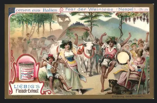 6 Sammelbilder Liebig, Serie Nr. 911: Szenen aus Italien, Morra-Spiel in der Lombardei, Reisende in Sardinien