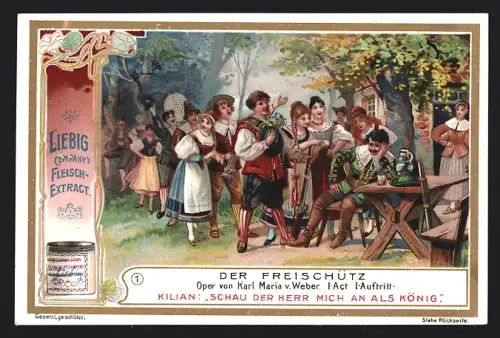 6 Sammelbilder Liebig, Serie Nr. 676: Der Freischütz, Szene mit Samiel, Schiess nicht! Ich bin die Taube!