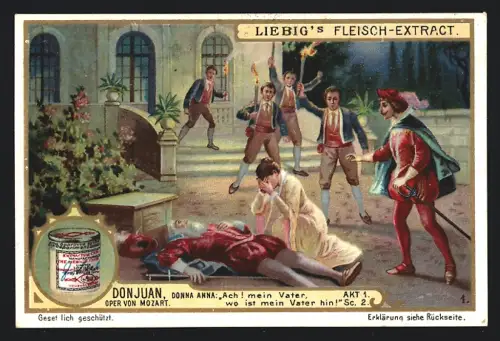 6 Sammelbilder Liebig, Serie Nr. 903: Don Juan, Mit Zither vor einem Balkon, Verbeugung vor der Gouverneursstatue