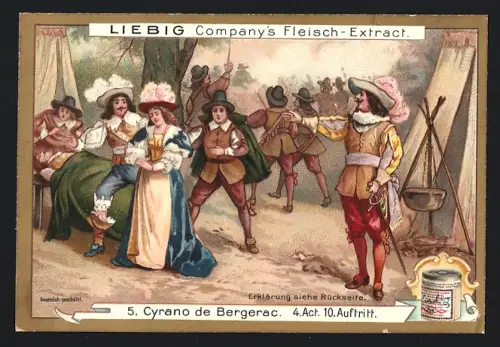 6 Sammelbilder Liebig, Serie Nr. 961: Cyrano de Bergerac, Hut wird vor einer Dame zogen, Szene im Duell