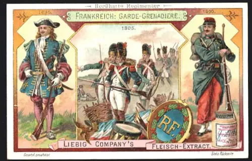 6 Sammelbilder Liebig, Serie Nr. 641: Berühmte Regimenter, Russlands Preobraschensky, Italiens Bersaglieri, Preussen