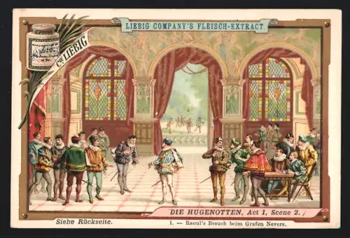 6 Sammelbilder Liebig, Serie Nr. 279: Die Hugenotten, Bartholomäusnacht, St. Bris und Raoul vor dem Duell, Schwertweihe