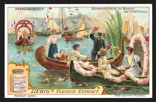 6 Sammelbilder Liebig, Serie Nr. 986: Karnevalsbilder, Karnevalstreiben am Rhein, Karnevalsspiele in Mexico