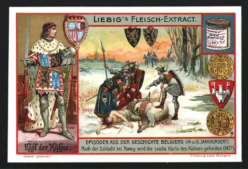 6 Sammelbilder Liebig, Serie Nr. 814: Geschichte Belgiens, Kaiser Max und Maria auf der Jagd, Philipp der Gute