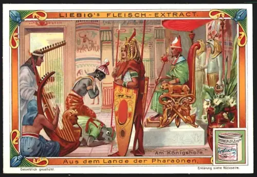 6 Sammelbilder Liebig, Serie Nr. 774: Aus dem Lande der Pharaonen, Heiliger Apisstier, Ramses mit Kampflöwen, Nilbarke