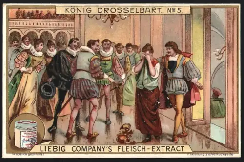 6 Sammelbilder Liebig, Serie Nr. 709: König Drosselbart, Hochzeit, Reiter auf dem Markt zertrümmert Vasen, Abwasch