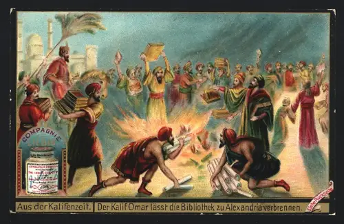 6 Sammelbilder Liebig, Serie Nr. 516: Aus der Kalifenzeit, Eroberung Spaniens, Gradmessung durch Kalif Mamun, Saladin