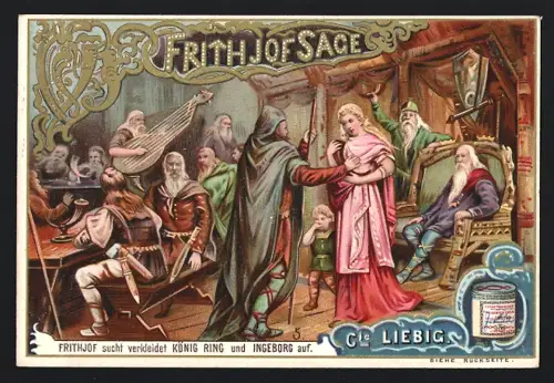 6 Sammelbilder Liebig, Serie Nr. 407: Frithjof Sage, Mit Ingeborg bei Balder`s Tempel zum Stelldichein, Agantyr