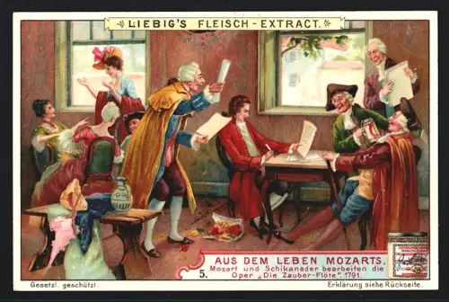 6 Sammelbilder Liebig, Serie Nr. 856: Aus dem Leben Mozarts, Miserere von Allegri in Rom, Requiem am Tage vor seinem Tod
