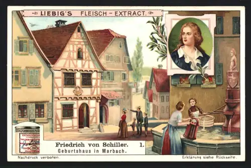 6 Sammelbilder Liebig, Serie Nr. 974: Aus dem Leben von Friedrich von Schiller, als Professor 1789, Flucht aus Stuttgart