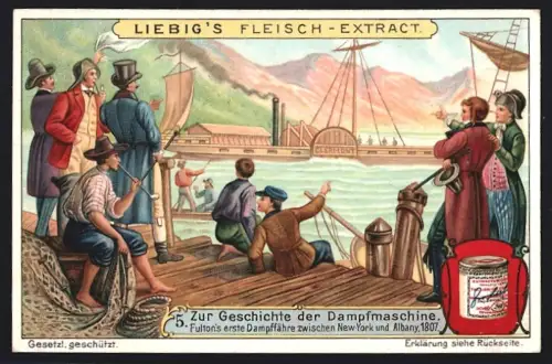 6 Sammelbilder Liebig, Serie Nr. 936: Geschichte der Dampfmaschine, Herons Versuche mit Dampf, 1. Dampffähre