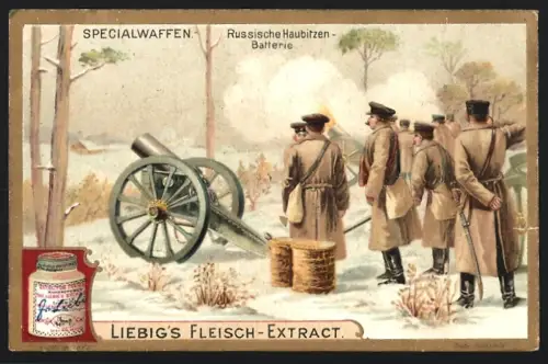 6 Sammelbilder Liebig, Serie Nr. 691: Specialwaffen, Deutsches Maschinengewehr, Italienisches Fahrradgeschütz, Panzerzug