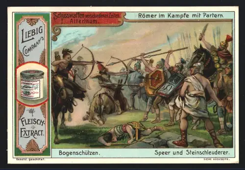 6 Sammelbilder Liebig, Serie Nr. 657: Schusswaffen, Schweres Küstengeschütz, Bogenschützen, Steinschlossgewehr