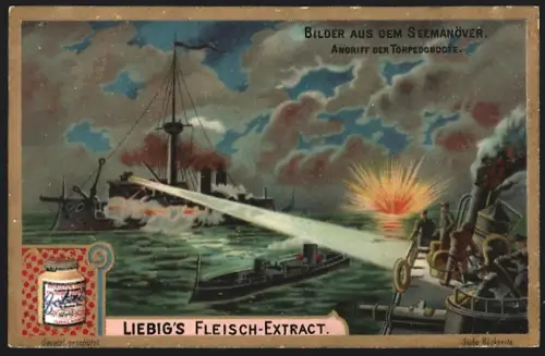 6 Sammelbilder Liebig, Serie Nr. 705: Seemanöver, Legen von Seeminen, An den Kanonen, Kriegsschiffe im Kampf