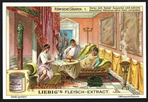 6 Sammelbilder Liebig, Serie Nr. 897: Römische Cäsaren, Triumphzug des Titus, Nerva beim Rauchopfer, Caracella