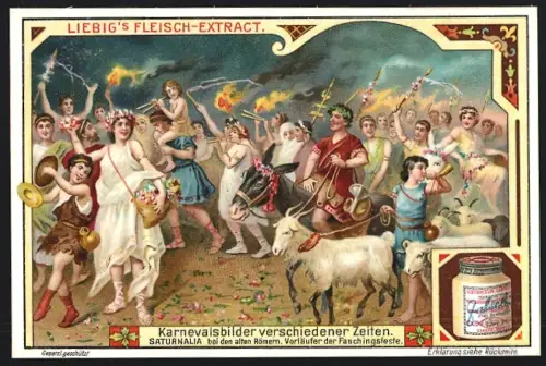 6 Sammelbilder Liebig, Serie Nr. 883: Karneval in versch. Zeiten, im Mittelalter, Karnevalskorso St. Petersburg 1765