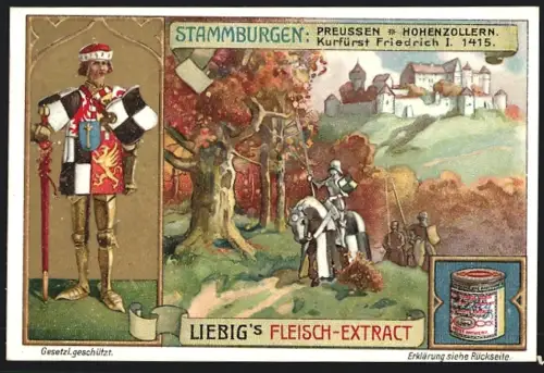 6 Sammelbilder Liebig, Serie Nr. 888: Stammburgen, Wartburg, Burg Württemberg, Wittelsbach, Hohenzollern
