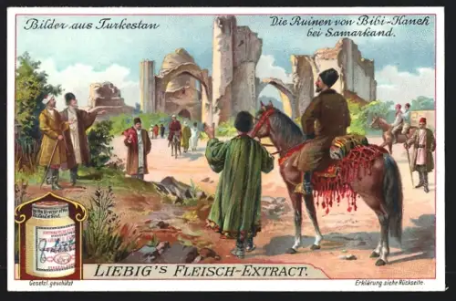 6 Sammelbilder Liebig, Serie Nr. 914: Aus Turkestan, Auf dem Weg nach Taschkent, Gasthaus in Samarkand