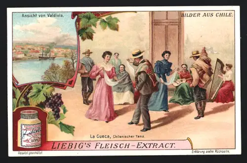 6 Sammelbilder Liebig, Serie Nr. 920: Aus Chile, Furt des Flusses Maipo, Mittelpunkt von Santiago, Valdivia
