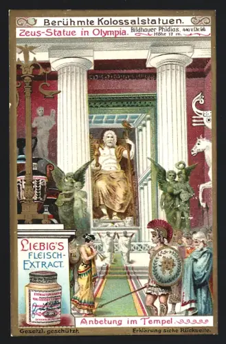 6 Sammelbilder Liebig, Serie Nr. 847: Berühmte Kolossalstatuen, Koloss von Rhodos, Zeus-Statue zu Olympia
