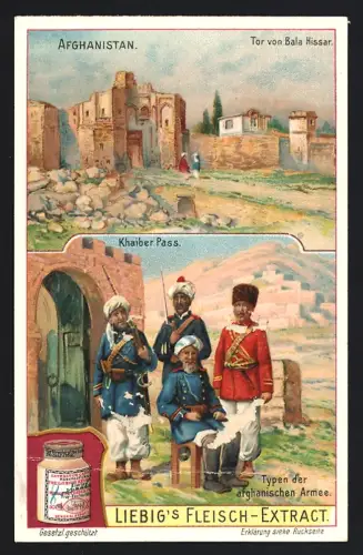 6 Sammelbilder Liebig, Serie Nr. 917: Afghanistan, Kandahar, Kabul, Bolan-Pass, Herat, Khaiber Pass, Tor v. Bala Hissar