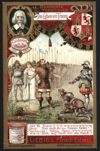 6 Sammelbilder Liebig, Serie Nr. 871: Berühmte Tragödien, König Lear, Nora, Das Leben ein Traum, Philipp II.