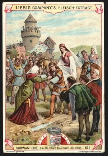 6 Sammelbilder Liebig, Serie Nr. 643: Schwanhilde, Ein Märchen frei nach Musäus, Szenen