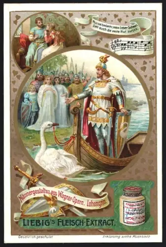 6 Sammelbilder Liebig, Serie Nr. 849: Männergestalten aus Wagner-Opern, Hans Sachs, Wotan, Tristan, Tannhäuser