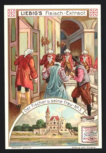 6 Sammelbilder Liebig, Serie Nr. 834: Der Fischer und seine Frau, Märchen der Gebr. Grimm, Szenen