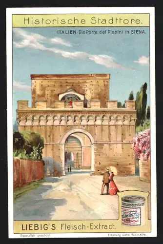 6 Sammelbilder Liebig, Serie Nr. 943: Historische Stadttore, Brüssel, Cambridge, Lübeck, Valencia, Chartres, Siena