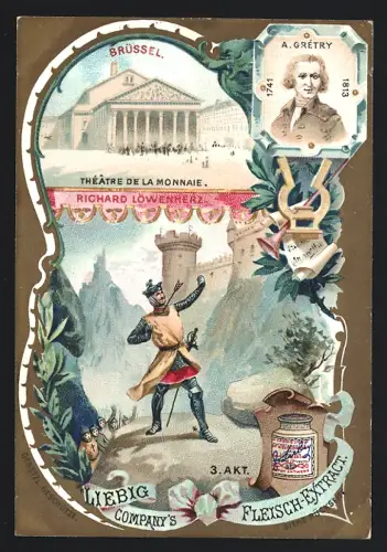 6 Sammelbilder Liebig, Serie Nr. 648: Théâtre de la Monnaie, Pariser Grosse Oper, Wiener Hofoper, Scala Theater