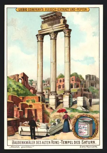 6 Sammelbilder Liebig, Serie Nr. 564: Baudenkmäler des alten Roms, Vesta-Tempel, Colosseum, Titusbogen, Cestius-Pyramide