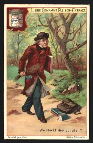 6 Sammelbilder Liebig, Serie Nr. 560: Vexierbilder, Verschwundener Vogel, Hase, Schüler, Fuchs, Puppe und Reh