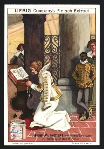6 Sammelbilder Liebig, Serie Nr. 673: Die drei Musketiere, Zweikampf, Milady vor Lord Winter, Athos auf der Bastion