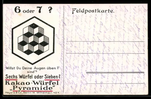 AK Berlin, Optische Täuschung 6 oder 7 Wüfel?, Kakao-Würfel Pyramide v. Mayers & Co., Wilhelmstr. 42b