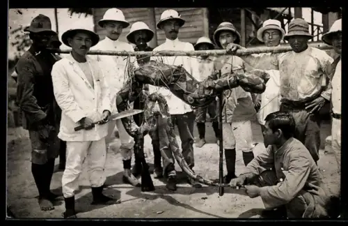 AK Indonesische Grosswildjäger mit zur Strecke gebrachter Riesenschlange